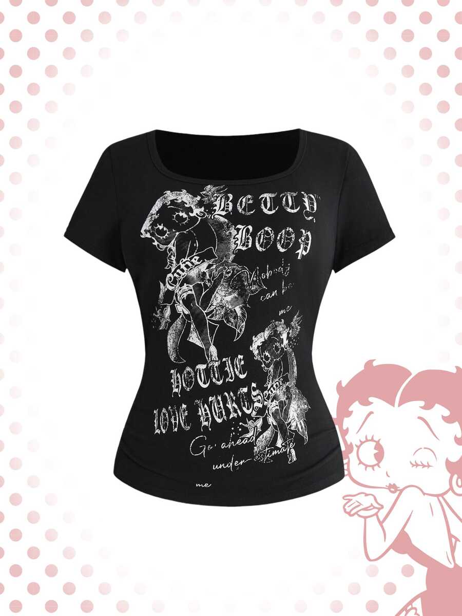 Betty Boop | ROMWE Plus Size T-Shirts - Black - View 1