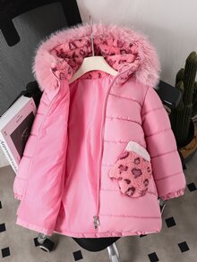 小女孩甜美粉色長款連帽加厚外套，秋冬抓絨加厚大毛領外套，可愛豹紋手套裝飾，附口袋，寬鬆加厚過膝連帽外套，溫柔粉色純色拉鍊外套 - 粉色 - 查看 9