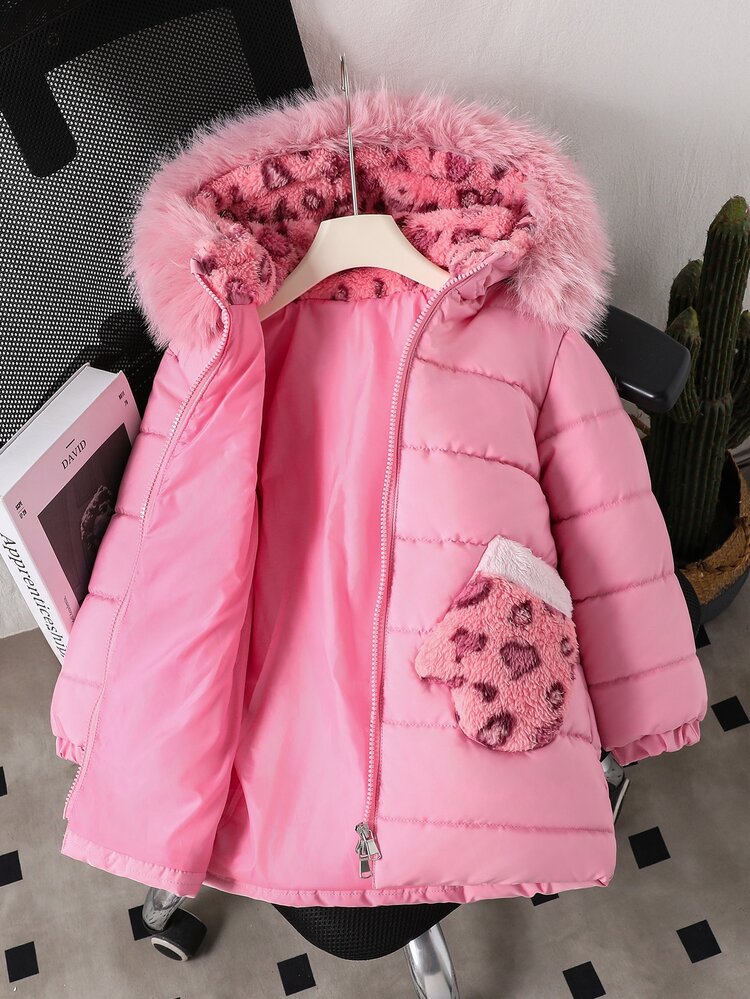 Young Girl Sweet Pink Long Hooded Padded Coat, Autumn/Winter Fleece Padded Coat With Large Fur Collar, Cute Leopard Print Glove Decor, Pockets, Loose Thickened Over-The-Knee Padded Coat, Gentle Pink Solid Color Zipper Coat For Little Girls - Pink - View 1