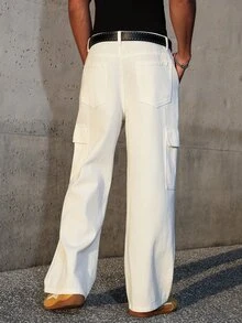 Manfinity EMRG Men's Cartoon Dog Graphic Cargo Pocket Casual Pleated Jeans Harajuku Pants - White - View 2