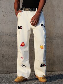 Manfinity EMRG Men's Cartoon Dog Graphic Cargo Pocket Casual Pleated Jeans Harajuku Pants - White - View 6