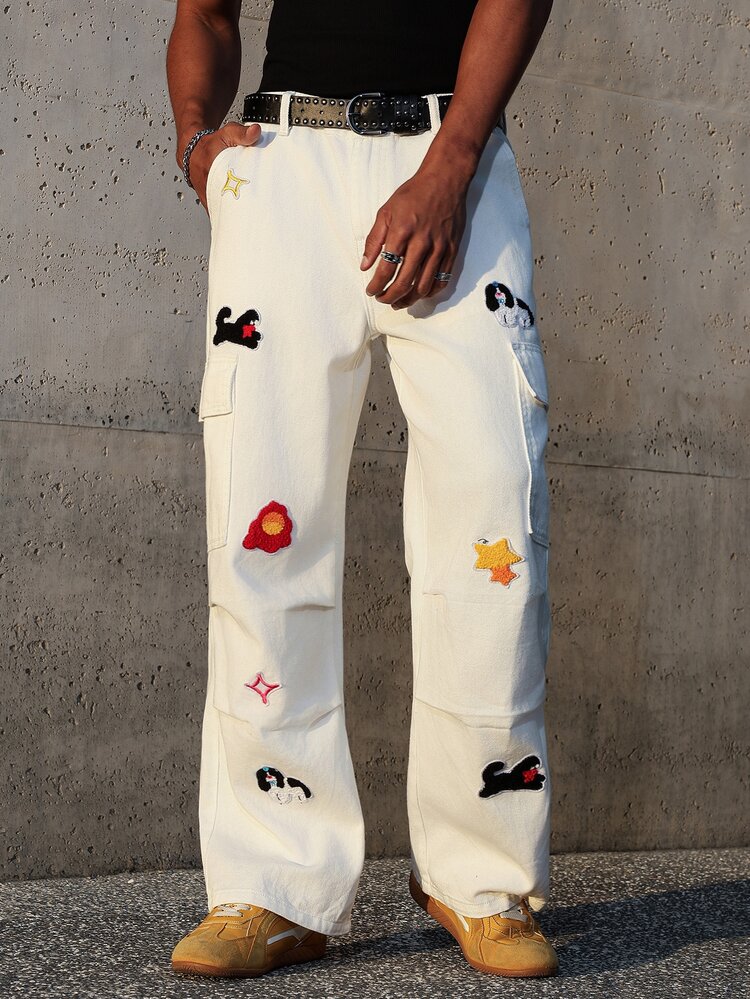 Manfinity EMRG Men's Cartoon Dog Graphic Cargo Pocket Casual Pleated Jeans Harajuku Pants - White - View 6
