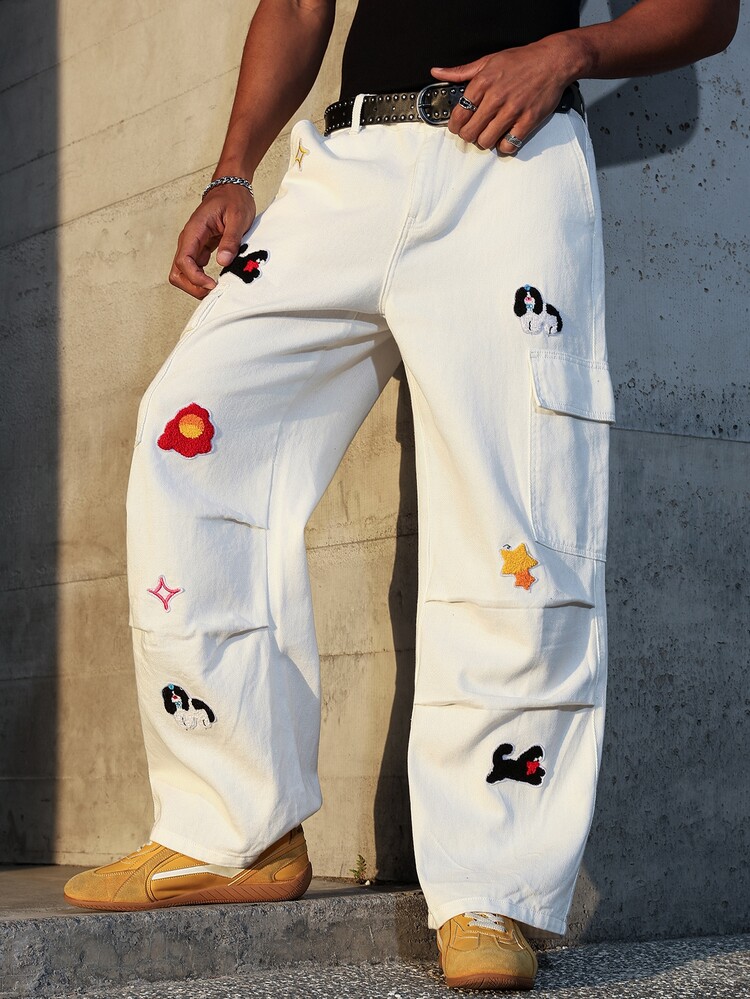 Manfinity EMRG Men's Cartoon Dog Graphic Cargo Pocket Casual Pleated Jeans Harajuku Pants - White - View 3