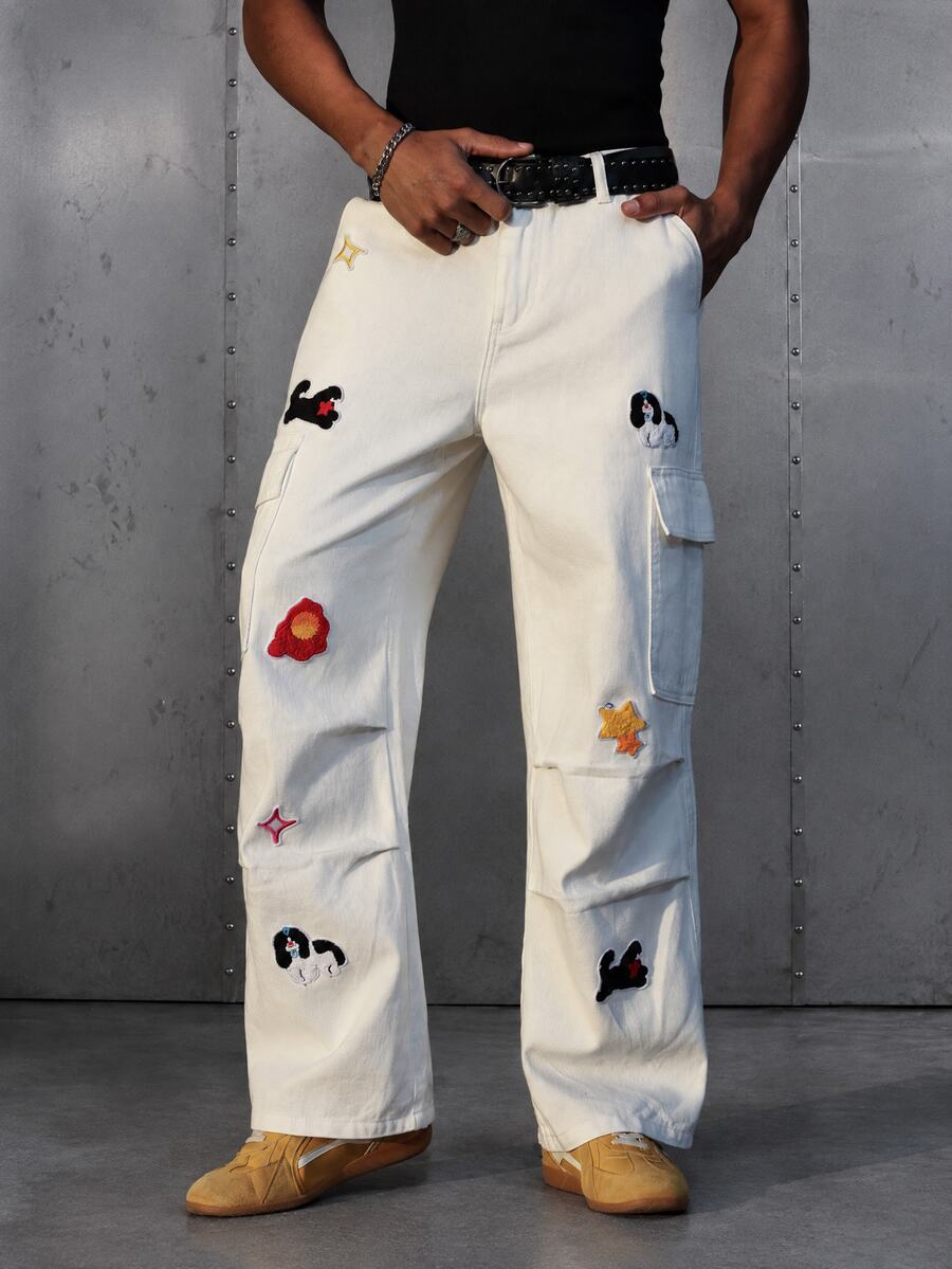 Manfinity EMRG Men's Cartoon Dog Graphic Cargo Pocket Casual Pleated Jeans Harajuku Pants - White - View 1