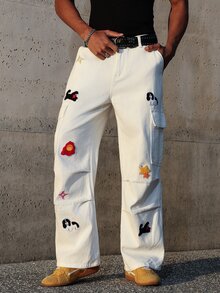 Manfinity EMRG Men's Cartoon Dog Graphic Cargo Pocket Casual Pleated Jeans Harajuku Pants - White - View 7