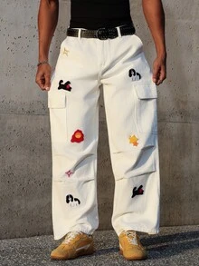 Manfinity EMRG Men's Cartoon Dog Graphic Cargo Pocket Casual Pleated Jeans Harajuku Pants - White - View 8
