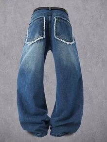 Manfinity EMRG Vintage Streetwear Pocket Frayed Design Loose Wide Leg Aqua Blue Washed Denim Jeans Hen Do Summer - Blue - View 4
