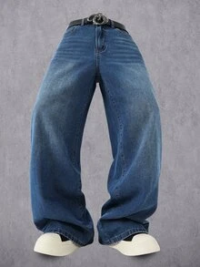 Manfinity EMRG Vintage Streetwear Pocket Frayed Design Loose Wide Leg Aqua Blue Washed Denim Jeans Hen Do Summer - Blue - View 5