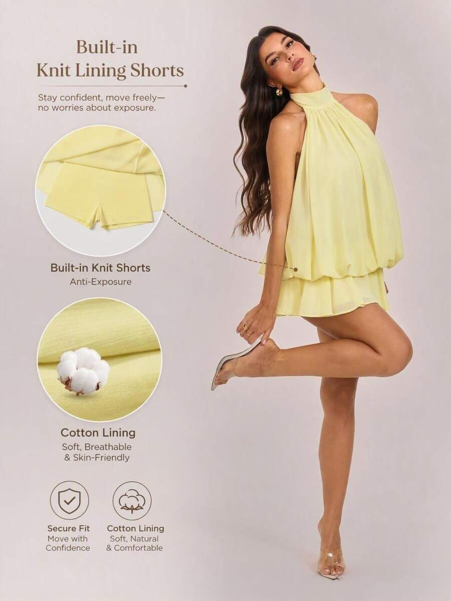 SHEIN Tall Women's Elegant Pale Yellow Halter Neck Tie Mini Dress, Suitable For Party, Date, Spring, Summer, Autumn, Winter - Light Yellow - View 1