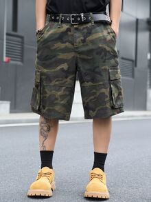 Manfinity EMRG Men's Street Style Casual Multi-Pocket Cargo Camouflage Denim Shorts - Army Green - View 4