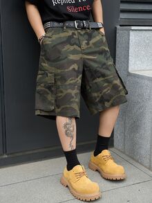 Manfinity EMRG Men's Street Style Casual Multi-Pocket Cargo Camouflage Denim Shorts - Army Green - View 3