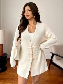 Vionelle Plus Size Women's New Fashion Casual Elegant New Chinese Style Ruyi Button Decor Cardigan Sweater, White, Daily Versatile Minimalist Spring Formal - Apricot - View 5
