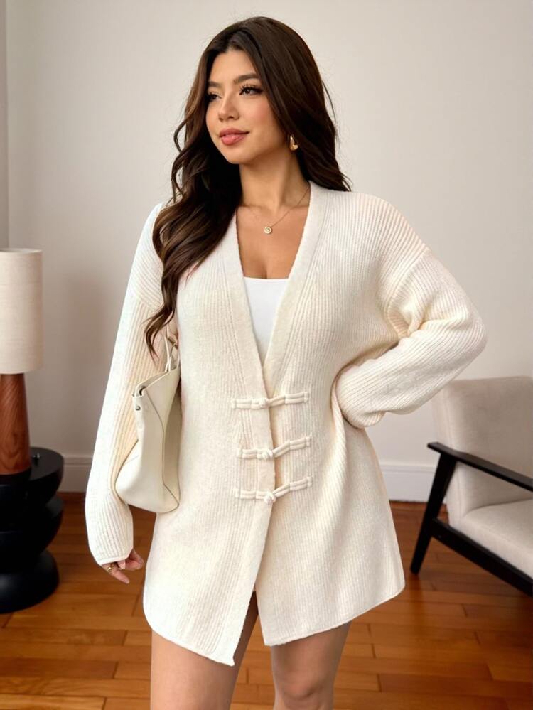 Vionelle Plus Size Women's New Fashion Casual Elegant New Chinese Style Ruyi Button Decor Cardigan Sweater, White, Daily Versatile Minimalist Spring Formal - Apricot - View 5