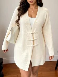 Vionelle Plus Size Women's New Fashion Casual Elegant New Chinese Style Ruyi Button Decor Cardigan Sweater, White, Daily Versatile Minimalist Spring Formal - Apricot - View 4