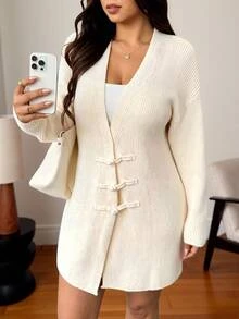 Vionelle Plus Size Women's New Fashion Casual Elegant New Chinese Style Ruyi Button Decor Cardigan Sweater, White, Daily Versatile Minimalist Spring Formal - Apricot - View 1