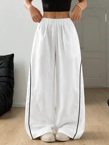 SHEIN PETITE Women's Autumn/Winter Street Style Vintage Holiday Outing Back To School Basic Black Wide Leg Pants, Essential For Daily Wear - White - View 10
