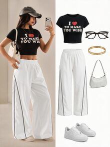 SHEIN PETITE Women's Autumn/Winter Street Style Vintage Holiday Outing Back To School Basic Black Wide Leg Pants, Essential For Daily Wear - White - View 6