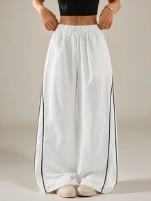SHEIN PETITE Women's Autumn/Winter Street Style Vintage Holiday Outing Back To School Basic Black Wide Leg Pants, Essential For Daily Wear - White - View 5
