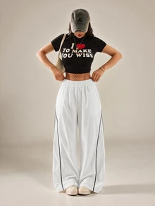 SHEIN PETITE Women's Autumn/Winter Street Style Vintage Holiday Outing Back To School Basic Black Wide Leg Pants, Essential For Daily Wear - White - View 9