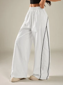 SHEIN PETITE Women's Autumn/Winter Street Style Vintage Holiday Outing Back To School Basic Black Wide Leg Pants, Essential For Daily Wear - White - View 4