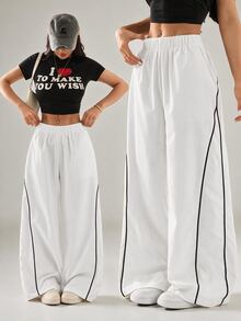 SHEIN PETITE Women's Autumn/Winter Street Style Vintage Holiday Outing Back To School Basic Black Wide Leg Pants, Essential For Daily Wear - White - View 7