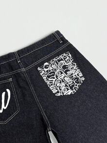 Manfinity EMRG Men's Summer Denim Shorts American Street Style Printed Loose Wide Leg Shorts, Holiday - Dark Wash - View 7
