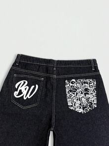 Manfinity EMRG Men's Summer Denim Shorts American Street Style Printed Loose Wide Leg Shorts, Holiday - Dark Wash - View 6