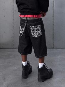 Manfinity EMRG Men's Summer Denim Shorts American Street Style Printed Loose Wide Leg Shorts, Holiday - Dark Wash - View 1