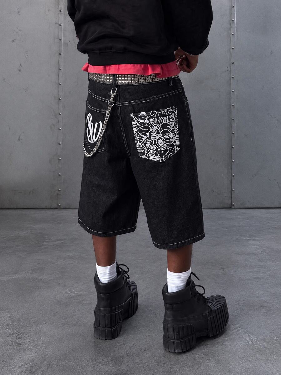 Manfinity EMRG Men's Summer Denim Shorts American Street Style Printed Loose Wide Leg Shorts, Holiday - Dark Wash - View 1