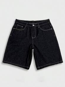 Manfinity EMRG Men's Summer Denim Shorts American Street Style Printed Loose Wide Leg Shorts, Holiday - Dark Wash - View 4