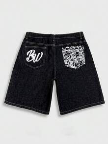 Manfinity EMRG Men's Summer Denim Shorts American Street Style Printed Loose Wide Leg Shorts, Holiday - Dark Wash - View 5
