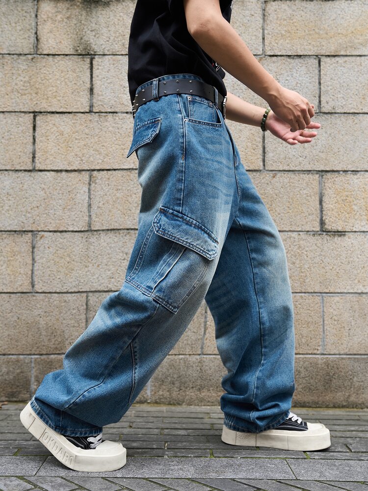 Manfinity EMRG Men's Casual Washed Denim Cargo Jeans - Blue - View 4