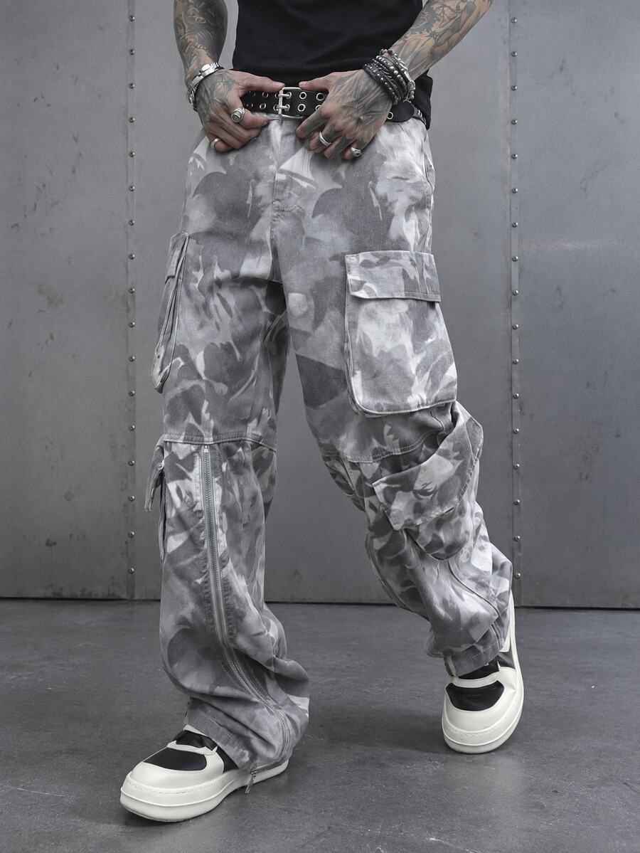 Manfinity EMRG Men's Full-Print Multi-Pocket Casual Jeans, Minimalist Design - Multicolor - View 1