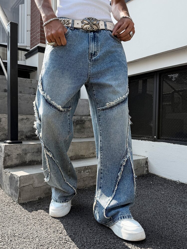 Manfinity EMRG Men's Street Casual Design Frayed Patchwork Vintage Washed Wide Leg Jeans, Goth - Light Wash - View 6