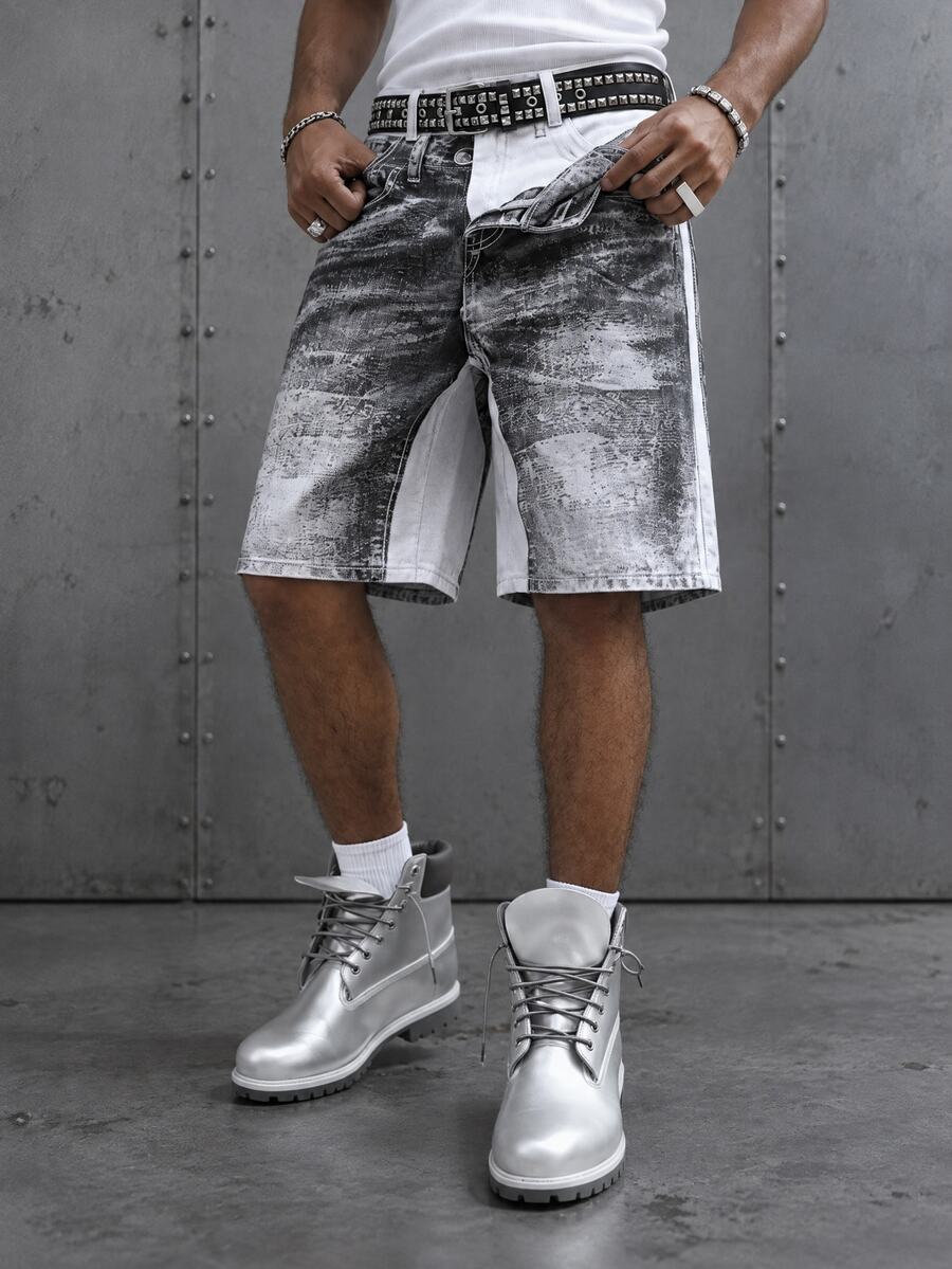 Manfinity EMRG Men's Fashion Street Colorblock 2 In 1 Design Casual Denim Shorts - Black and White - View 1
