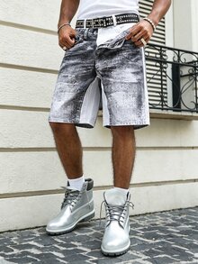Manfinity EMRG Men's Fashion Street Colorblock 2 In 1 Design Casual Denim Shorts - Black and White - View 3