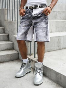 Manfinity EMRG Men's Fashion Street Colorblock 2 In 1 Design Casual Denim Shorts - Black and White - View 7