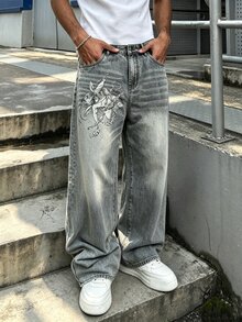 Manfinity EMRG Men's Streetwear Gothic Style Angel Print Grey Washed Denim Straight Leg Wide Leg Pants - Grey - View 3
