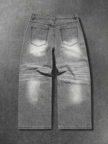 Manfinity EMRG Men's Streetwear Gothic Style Angel Print Grey Washed Denim Straight Leg Wide Leg Pants - Grey - View 2