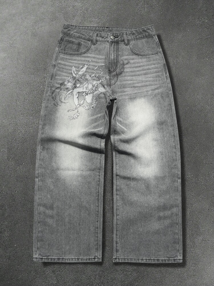 Manfinity EMRG Men's Streetwear Gothic Style Angel Print Grey Washed Denim Straight Leg Wide Leg Pants - Grey - View 4