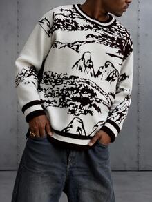 Manfinity EMRG Men's Casual Graphic Crew Neck Drop Shoulder Long Sleeve Sweater, Autumn - Multicolor - View 1
