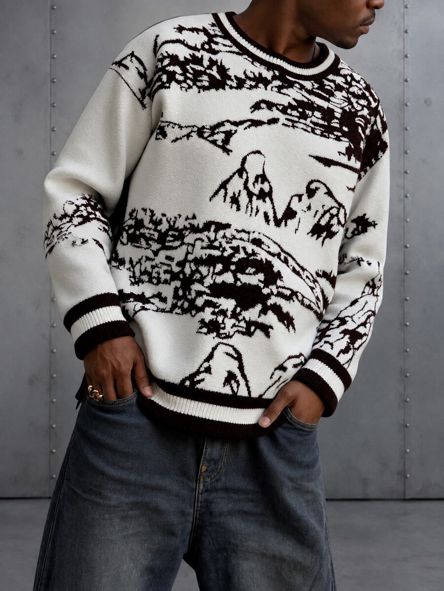 Manfinity EMRG Men's Casual Graphic Crew Neck Drop Shoulder Long Sleeve Sweater, Autumn - Multicolor - View 1