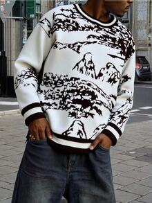 Manfinity EMRG Men's Casual Graphic Crew Neck Drop Shoulder Long Sleeve Sweater, Autumn - Multicolor - View 3