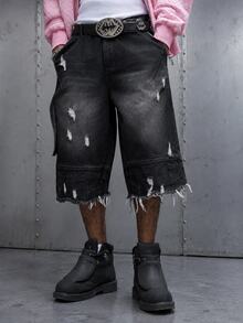 Manfinity Roghcode Men's Distressed Patchwork Black Denim Shorts,Creative Fringe Washed Ripped Streetwear,Summer City Break Dark Wash Casual Fashion Denim Shorts - Black - View 1