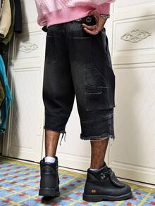 Manfinity Roghcode Men's Distressed Patchwork Black Denim Shorts,Creative Fringe Washed Ripped Streetwear,Summer City Break Dark Wash Casual Fashion Denim Shorts - Black - View 7