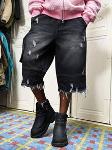 Manfinity Roghcode Men's Distressed Patchwork Black Denim Shorts,Creative Fringe Washed Ripped Streetwear,Summer City Break Dark Wash Casual Fashion Denim Shorts - Black - View 4