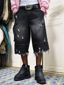Manfinity Roghcode Men's Distressed Patchwork Black Denim Shorts,Creative Fringe Washed Ripped Streetwear,Summer City Break Dark Wash Casual Fashion Denim Shorts - Black - View 3