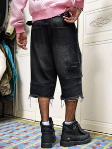 Manfinity Roghcode Men's Distressed Patchwork Black Denim Shorts,Creative Fringe Washed Ripped Streetwear,Summer City Break Dark Wash Casual Fashion Denim Shorts - Black - View 2