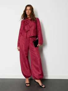 Nöista Part Of A Set, Jacquard Trousers, With Baloon Effect And Elastic Band On The Bottom Hem. Perfect For Casual Days, Weekends. Fall/Winter Outfit  - Burgundy - View 1