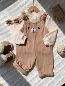 SHEIN 男嬰秋冬加厚棕色可愛卡通熊拼接吊帶長褲，百搭舒適 - 棕色 - 查看 5